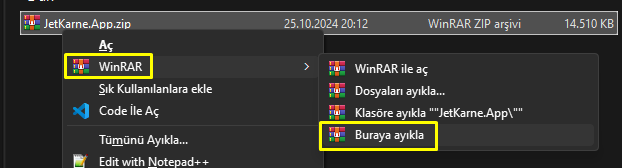 Winrar ile dosyayı ayıklama